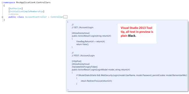 Plain Black Tool tip preview in Visual Studio 2013
